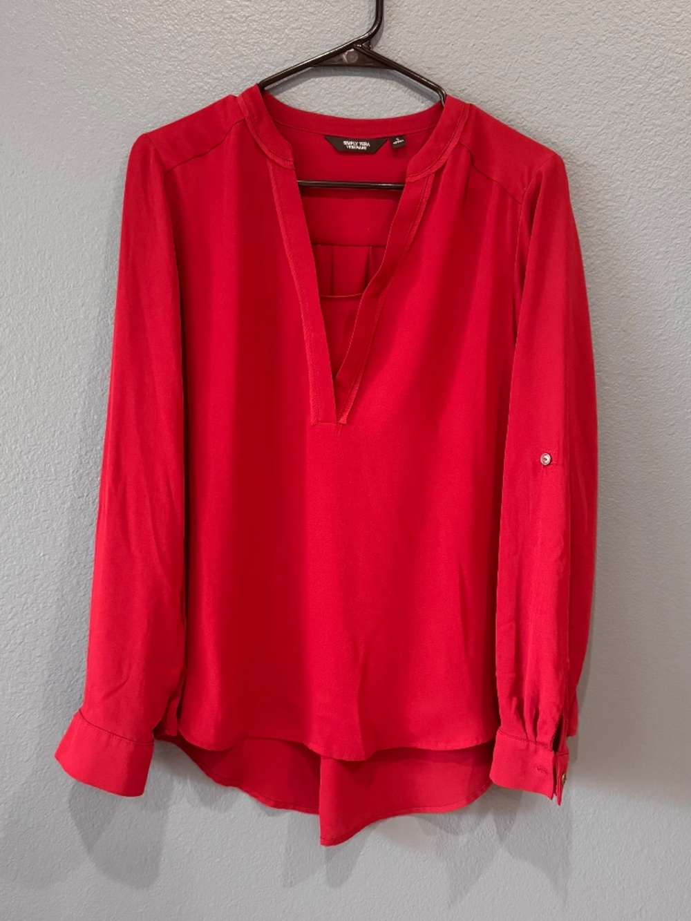 Simply Vera Vera Wang Red V-Neck Long Sleeve Blouse, Size S, Roll-Tab Sleeves